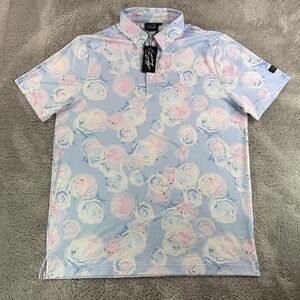 Sunday Swagger Golf Polo Men's Medium Blue Floral Roses Stretch Performance NWT